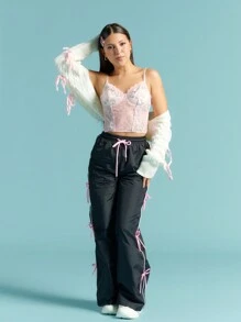 SHEIN X  Ignacia Antonia Zolique 女士可爱粉色鱼骨花边刺绣面料蒙太奇吊带背心上衣 - 彩色 - 查看 8