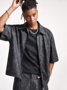 Manfinity VCAY Men's Stretchy Vintage PU Leather Loose Fit Short Sleeve Shirt Set - Black - View 3