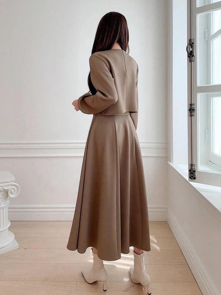 2pcs/Set Women Plain Crew Neck Cropped Top And A-Line Skirt,Fall Clothes,Back To School Clothes