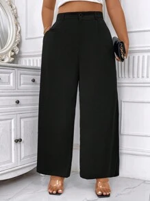 SHEIN Unity 女士加大码高腰口袋阔腿裤，优雅套装 - 黑色 - 查看 5
