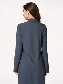 TaskEZ Plain Front Button Long Sleeve Pocket Minimalist Scrub Uniform Top - Grey - View 2