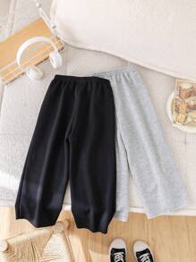 SHEIN 2 件套年轻女孩纯色针织宽松休闲阔腿运动裤