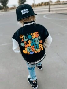 Young Boys Wool-Blend Zip-Up Hooded Jacket, With Contrast Ribbing On Collar, Cuffs And Hem, Graphic Letter Print On Back, And Colorblocked Sleeves, Warm And Fashionable For Outdoor, School Or Daily Wear In Spring, Autumn And Winter, Including Air Conditioned Rooms