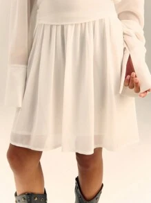 SHEIN Unity Chiffon Frill Cinched Waist Long Sleeve Shirt Dress Fall Cloth For Women - White - View 7