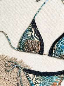 Swim Vcay 2025夏季海滩蕾丝和随机印花拼接吊颈性感上衣和侧面领带游泳下装女士比基尼套装豹纹比基尼三角比基尼两件比基尼 - 彩色 - 查看 3