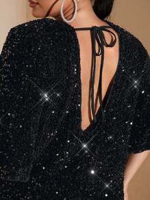 SHEIN BAE Vestido de fiesta de noche de mujer talla grande elegante y sexy de terciopelo negro con lentejuelas brillantes, cuello en V profundo, espalda descubierta, recto y suelto, vestido mini para fiesta de cumpleaños - Negro - Ver 8