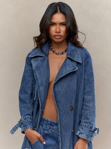 MISSGUIDED Langer Jeans-Trenchcoat, doppelreihig, bodenlang, Herbst-/Wintermantel, klassisches, zeitloses Vintage-Design - Blau - Übersicht 3