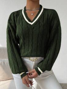 Chiquease Jersey holgado, informal, de cuello en V y hombros caídos para mujer, para otoño/invierno, con mangas largas