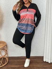 SHEIN VCAY 2 件大码女式条纹 V 领长袖上衣和长裤休闲装 - 彩色 - 查看 4