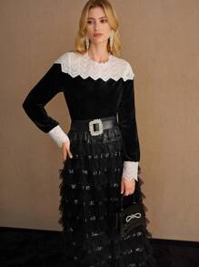 MOTF PREMIUM VELVET CONTRAST LACE YOKE BLOUSE - Black - View 7