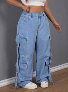 SHEIN SXY Plus Size High Waist No-Stretch Multi-Pocket Decorated Straight Boyfriend Jeans - Light Wash - View 6