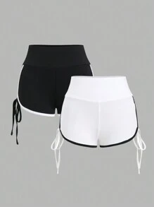 SHEIN Unity 女士休闲侧系带撞色短裤 - 黑與白 - 查看 1