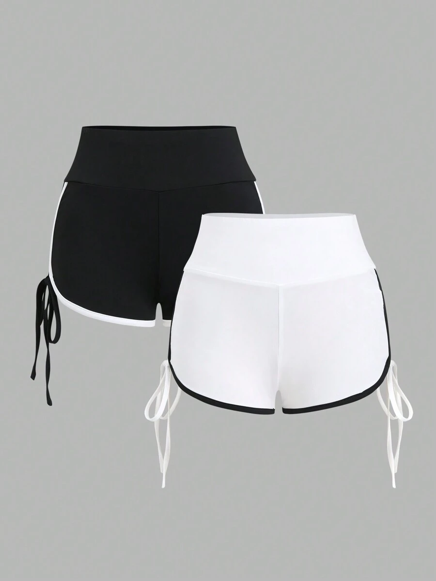 SHEIN Unity 女士休闲侧系带撞色短裤 - 黑與白 - 查看 1