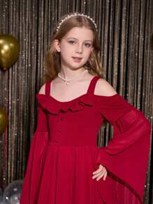 SHEIN Vestido longo elegante Borgonha para meninas pré-adolescentes, adequado para baile de formatura, festa, aniversário, eventos de feriados como Halloween, Natal, Páscoa