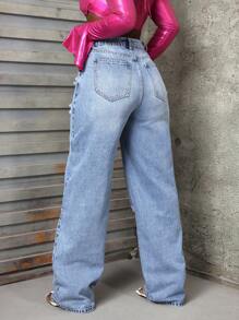 SHEIN Slayr 女式宽松高腰直筒破洞牛仔裤，有口袋 - 淺色水洗藍 - 查看 2