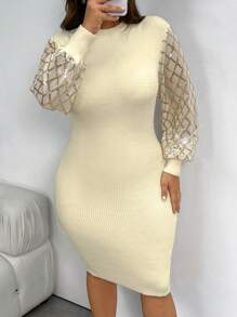 SHEIN Privé Plus Size Women Apricot Contrast Sequin Glitter Mesh Knit Long Dress, Autumn/Winter - Apricot - View 3