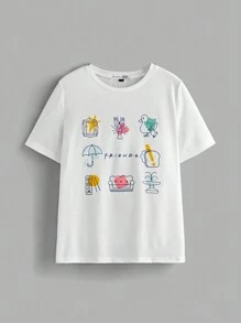 FRIENDS X SHEIN Women's Casual Loose Crew Neck Short Sleeve T-Shirt, Summer,Graphic Tee