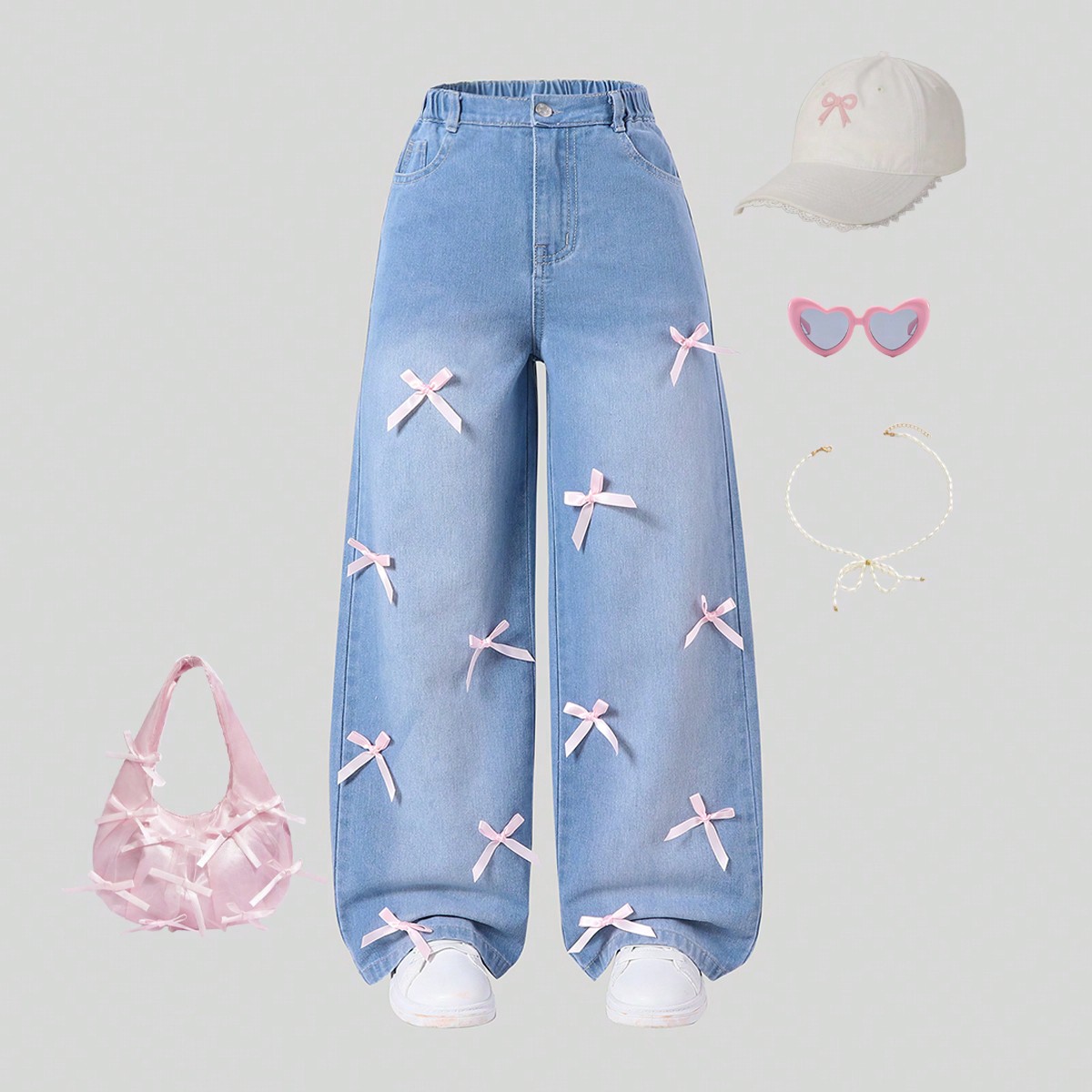 Pantalones vaqueros de pierna ancha de denim azul claro lavado, sueltos y cómodos, con diseño de lazo rosa cosido a mano a la moda para niñas pread