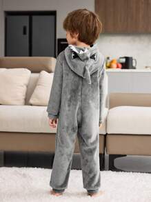 Young Boy Pajamas - 1pc Comfy & Warm Gray Minimalist Shark Pattern Hooded Jumpsuit (Daddy And Me Matching Outfits - Sold Separately) - Grey - View 2