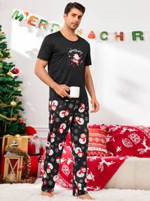 CoupledUp Santa Claus & Snowman Graphic Print Cute Christmas Men's Pajama Set - Multicolor - View 3