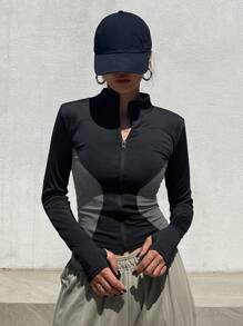 DAZY 女士纯色拼接前拉链长袖休闲夹克 - 彩色 - 查看 3