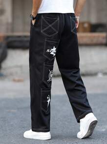 Manfinity Homme Quần dài nam in chữ nhiều túi thường ngày - màu đen - Xem 1