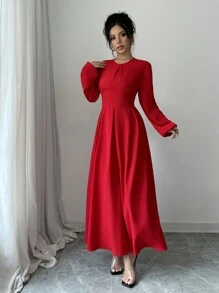 Elenzga 女士 A 字形褶皱长袖连衣裙 - 紅色 - 查看 5