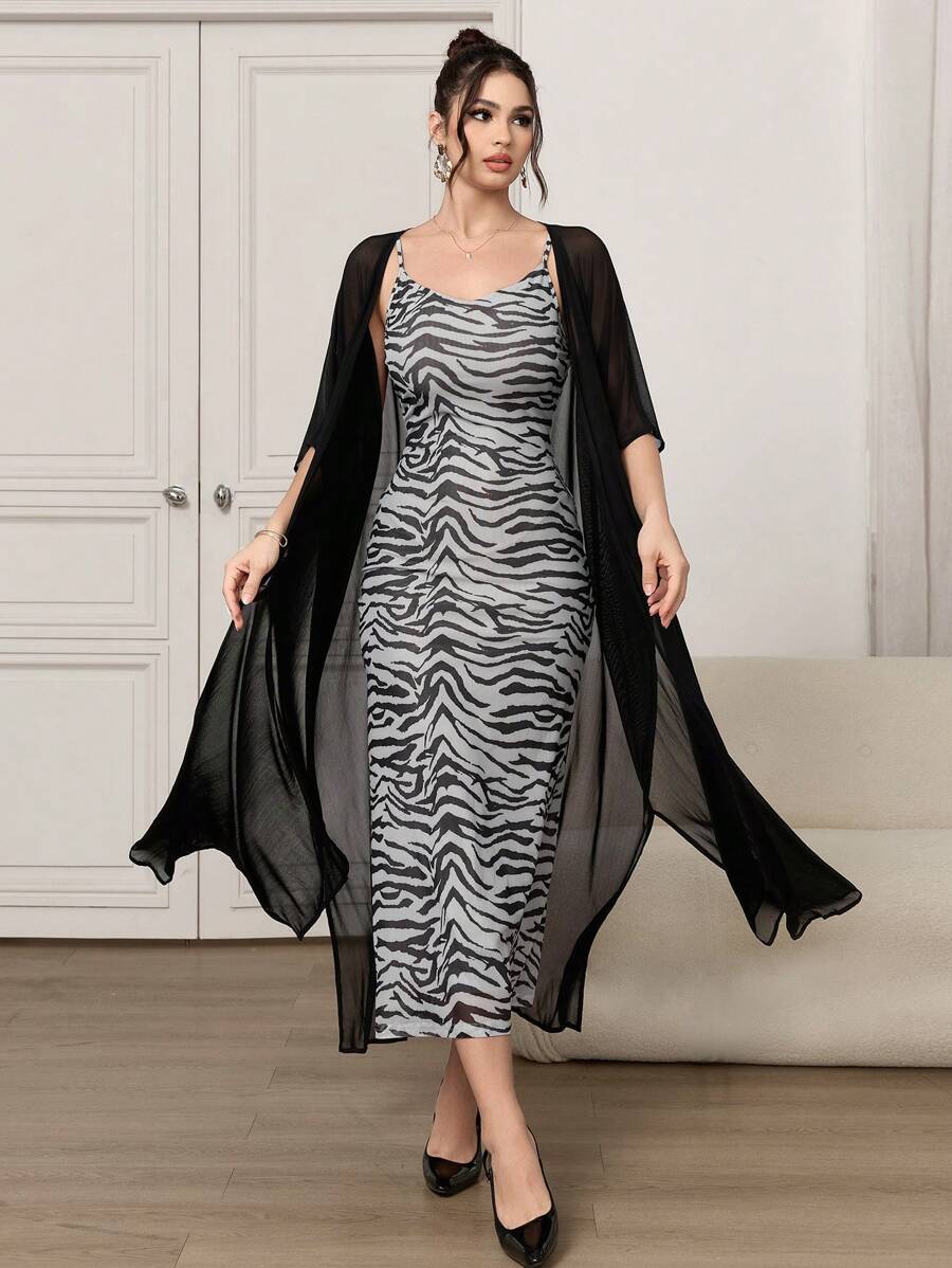 Modelyn Graceful Mesh Cover-Up Jacket And Zebra Print Camisole Dress Set, Spring-Summer - Coffee Brown - View 1