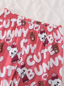 Bộ đồ ngủ in hình thỏ hoạt hình và chữ cho bé gái tuổi teen 2 chiếc áo len cardigan cổ bẻ kèm quần dài thoải mái - Bụi hồng - Xem 7