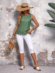 SHEIN LUNE Women's Summer Sleeveless Button Back Ruffled Hem Denim Blouse - Green - View 3