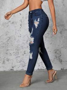 SHEIN SXY Quần Jeans Denim Skinny Thường Ngày Có Túi Cũ Cho Nữ - Rửa tối - Xem 5