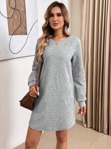 SHEIN LUNE 女士圆领、纹理、带衬里的休闲运动街头套头运动衫连衣裙，秋冬秋季服装女士商务休闲女士办公室服装女士教师服装