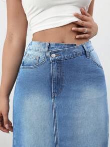 SHEIN Tall Women's Simple Casual Front Button Fringed Pocket Denim A-Line Skirt - Medium Wash - View 7