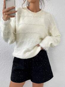 Aveloria Oversized Round Neck Metallic Striped Fuzzy Pullover Sweater Knit Pullover Fall Winter Outfit - White - View 4