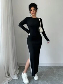 Selianne Vestido largo de mujer con cuello redondo, manga larga, abertura lateral única y diseño de parches en contraste de color - Negro - Ver 6