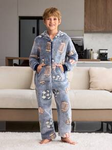 青少年男孩睡衣 - 蓝色简约舒适夜光恐龙毛绒长袖连帽连体衣（爸爸和我的配套服装 2 件单独出售） - 藍色 - 查看 5