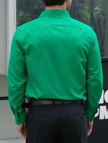 Manfinity Homme 男士休闲菱形图案长袖衬衫，春秋 - 綠色 - 查看 2