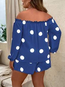 SHEIN LUNE 大码度假休闲波尔卡圆点印花露肩衬衫和短裤 2 件套 - 寶藍色 - 查看 2
