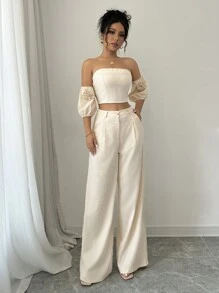 Selianne 2-Piece Set: 3D Flower Decor Off Shoulder Top And Pants - Apricot - View 6