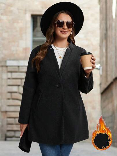SHEIN LUNE Plus Size Casual Solid Color Woolen Coat For Autumn & Winter