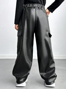 Young Girl Plain Color Elastic Waist PU Leather Utility Pockets Loose Casual Pants - Black - View 2
