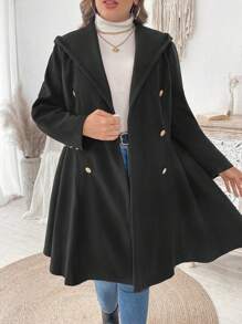 Flirla Plus Size Solid Color Button Front Long Sleeve Hooded Coat Top, Casual Daily Wear