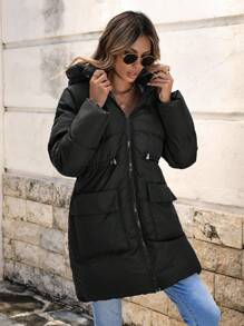 EURMUSE Flap Pocket Drawstring Waist Hooded Puffer Coat