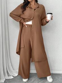 Elenzga 大码褶皱纹理面料领长袖长衬衫和宽松直腿裤两件套休闲装 - 摩卡棕 - 查看 5