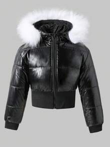 SHEIN Tween Girl Waisted Short Hooded Padded Coat With Removable Fluffy - Black - View 1