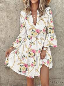 Plus Size V-Neck Floral Print Ruffle Hem Casual Vacation Dress - White - View 1