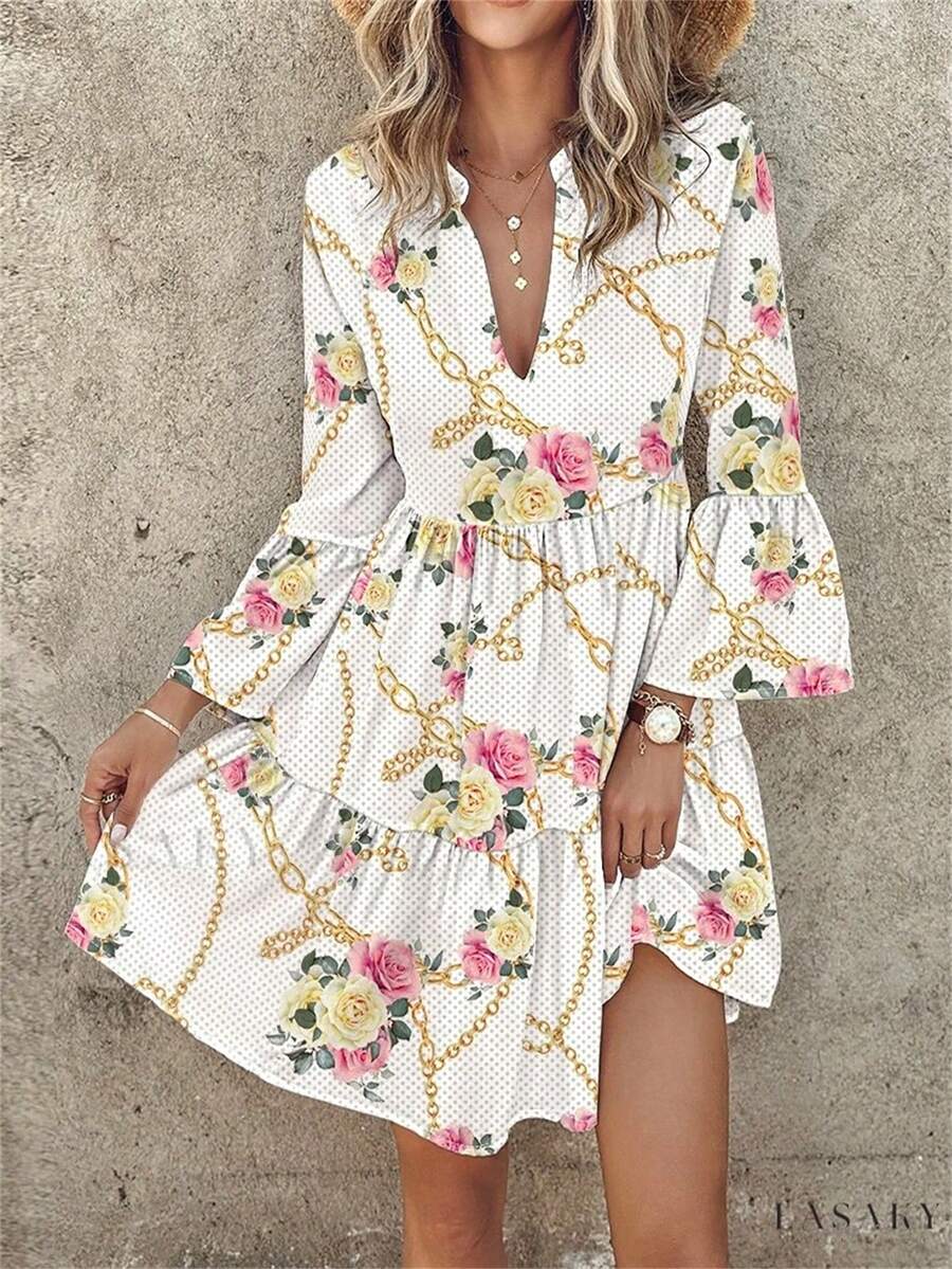 Plus Size V-Neck Floral Print Ruffle Hem Casual Vacation Dress - White - View 1