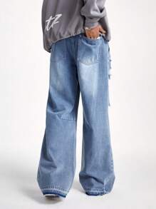 PAVTROS Quần Harem ống rộng rộng rãi màu xanh xám denim giặt dành cho nam - Màu xanh bụi bặm - Xem 2