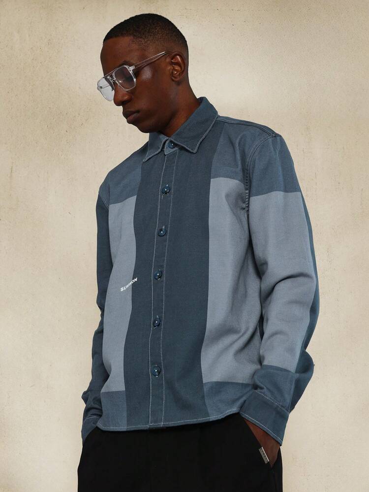 Regular Fit Colour Block Print Twill Denim Shirt