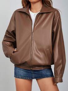 SHEIN ICON Áo khoác PU đen có khóa kéo thả vai - màu nâu - Xem 3